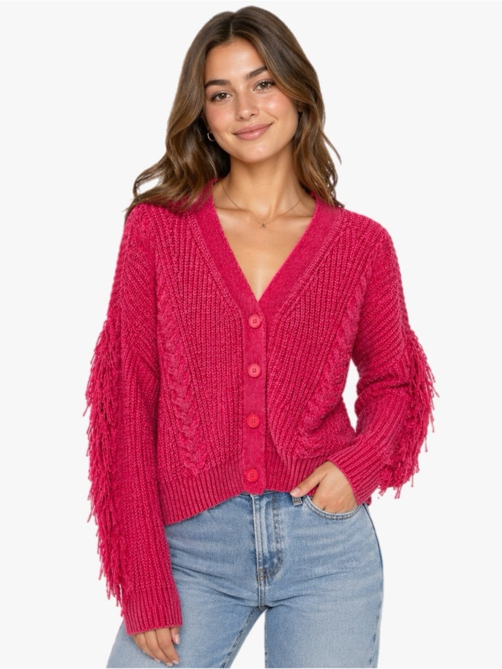 NWT Hot Pink Fringe Chenille Knit Button Front Cardigan Sweater Women’s Size XL